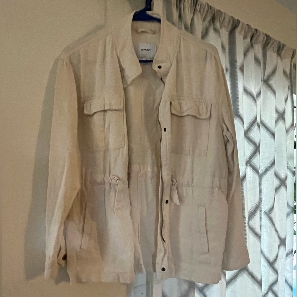 Old Navy Cream Lightweight Shirt Jacket with Drawstring Waist